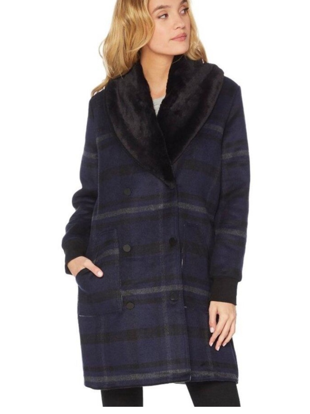 Michael Stars Black Blue Plaid Double Breasted Women’s Coat L